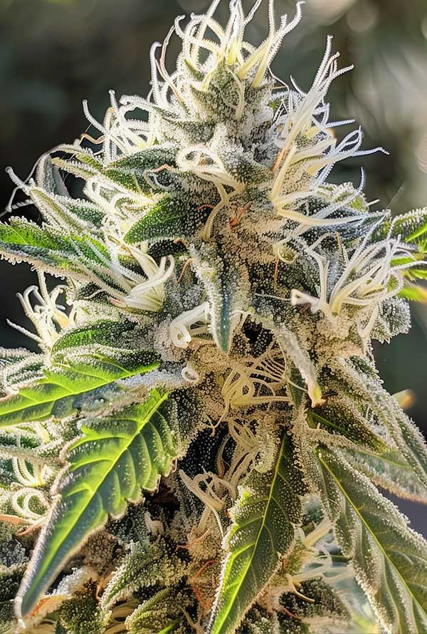 Tropicana Cookies cannabis plant with leafy buds covered in trichomes, showcasing its sweet and citrusy aroma.